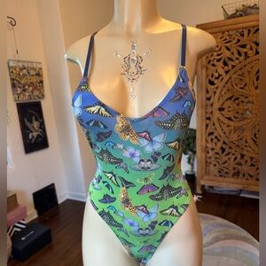 Dolls Kill Multicolor Sexy Deep V-Neck Backless Butterfly Bodysuit
